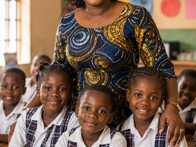 A school proprietor with pupils in a classroom